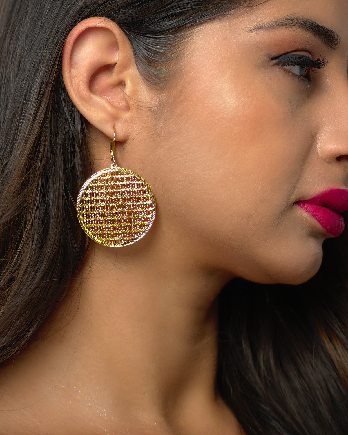 Carolina disc earrings classic everyday jewelry by coco + peach jewelry worn by Latina model