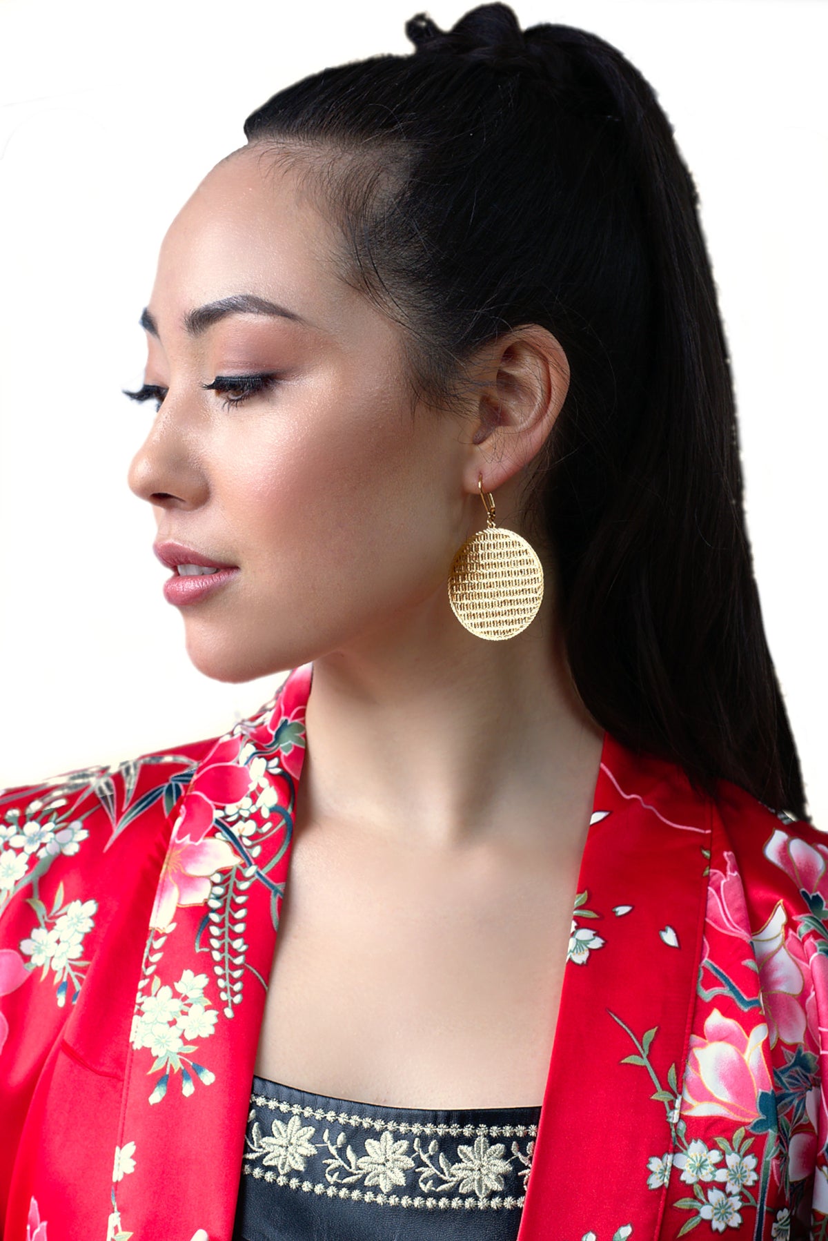 Carolina disc earrings classic everyday jewelry by coco + peach jewelry worn by Asian model