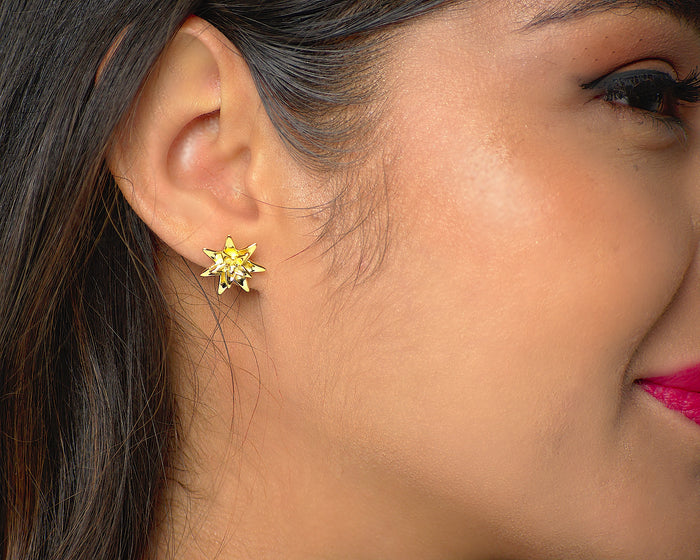 Jackie blooming stud earrings by coco + peach jewelry worn by Latina model